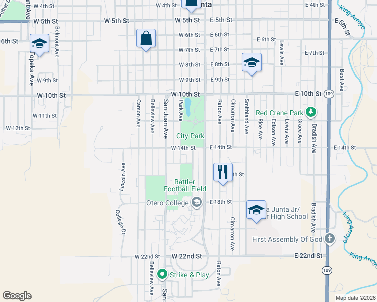 map of restaurants, bars, coffee shops, grocery stores, and more near 1201-1399 Park Ave in La Junta