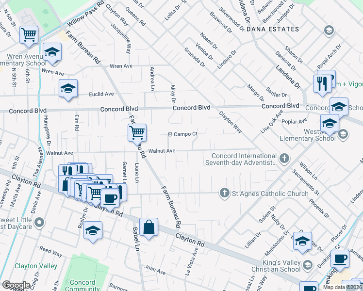 map of restaurants, bars, coffee shops, grocery stores, and more near 3712 El Campo Court in Concord