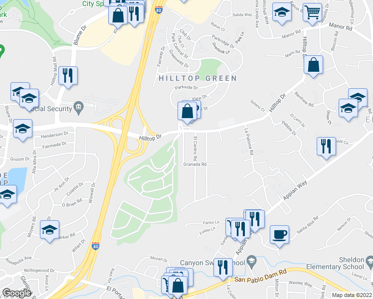 map of restaurants, bars, coffee shops, grocery stores, and more near 742 Alhambra Road in El Sobrante