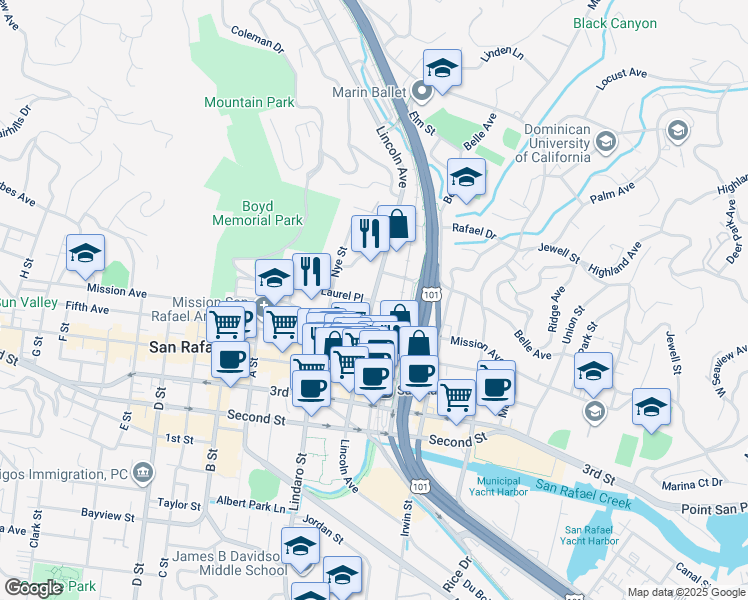 map of restaurants, bars, coffee shops, grocery stores, and more near Lincoln Avenue & Laurel Place in San Rafael
