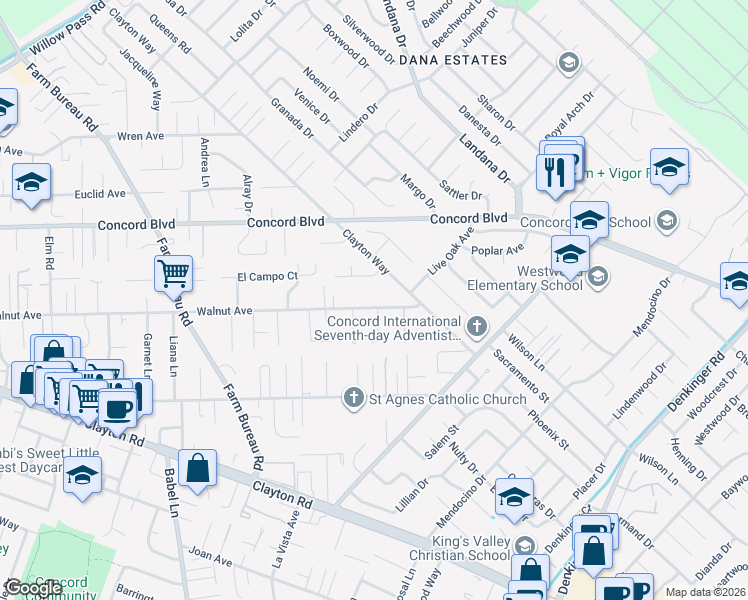map of restaurants, bars, coffee shops, grocery stores, and more near 3875 Walnut Avenue in Concord