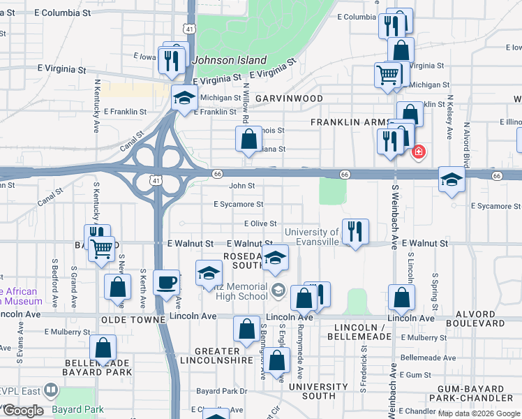 map of restaurants, bars, coffee shops, grocery stores, and more near 1506 East Sycamore Street in Evansville