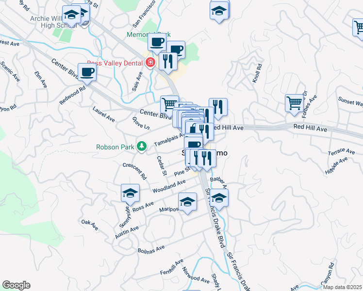 map of restaurants, bars, coffee shops, grocery stores, and more near 26 Magnolia Avenue in San Anselmo