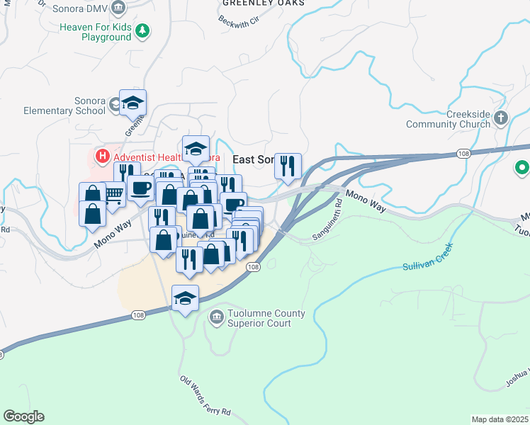 map of restaurants, bars, coffee shops, grocery stores, and more near 1081 Sonora Pass Hwy in Sonora