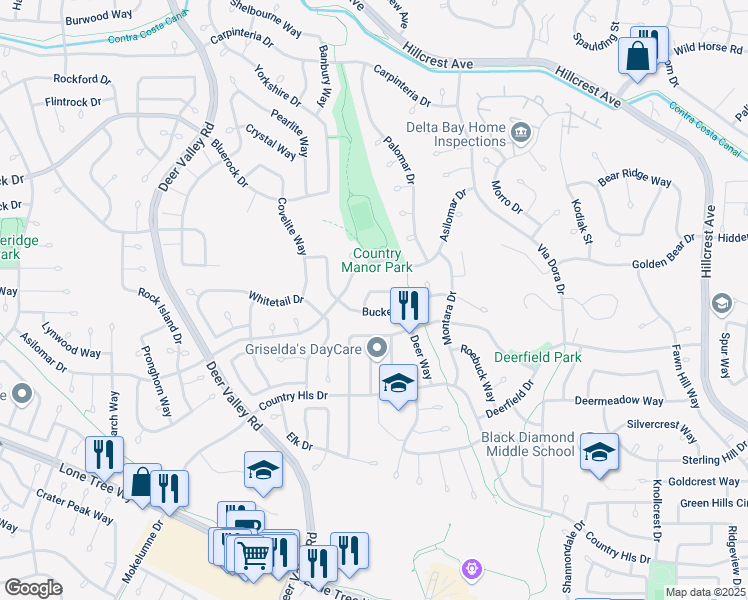 map of restaurants, bars, coffee shops, grocery stores, and more near 2615 Leopard Way in Antioch