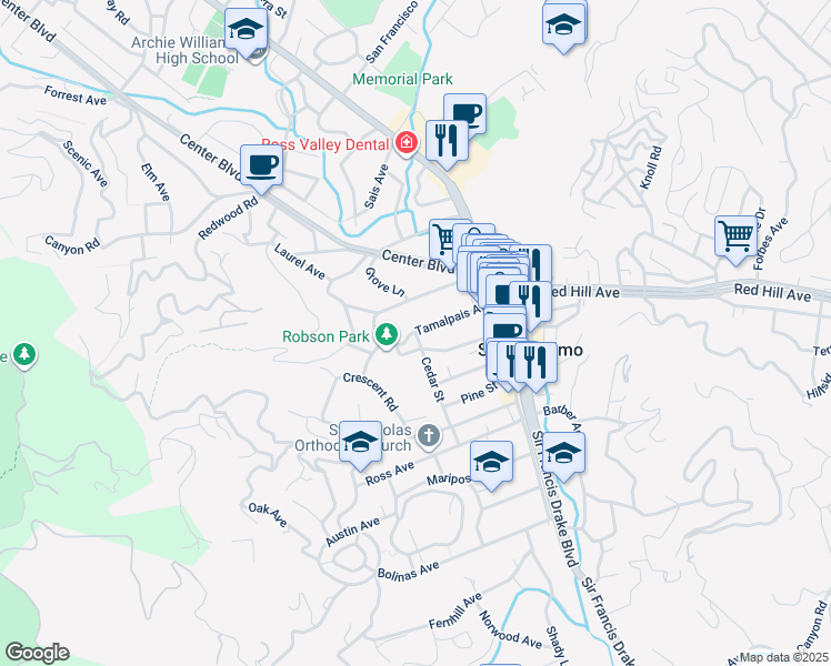 map of restaurants, bars, coffee shops, grocery stores, and more near Tamalpais Avenue in San Anselmo