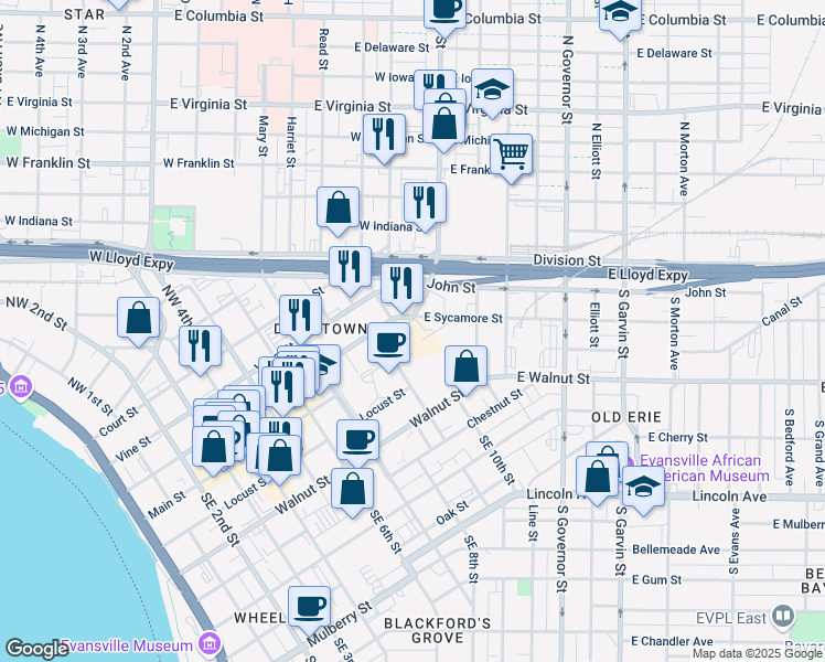 map of restaurants, bars, coffee shops, grocery stores, and more near 923 Main Street in Evansville