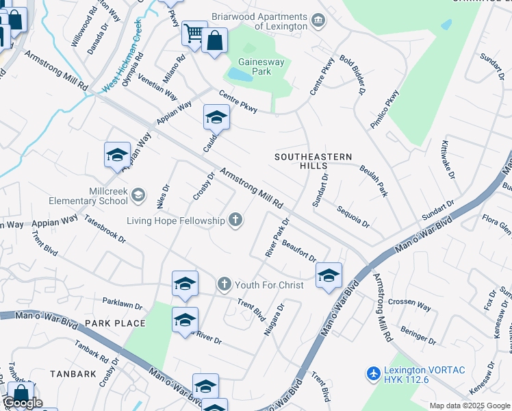 map of restaurants, bars, coffee shops, grocery stores, and more near 3600 Grace Drive in Lexington