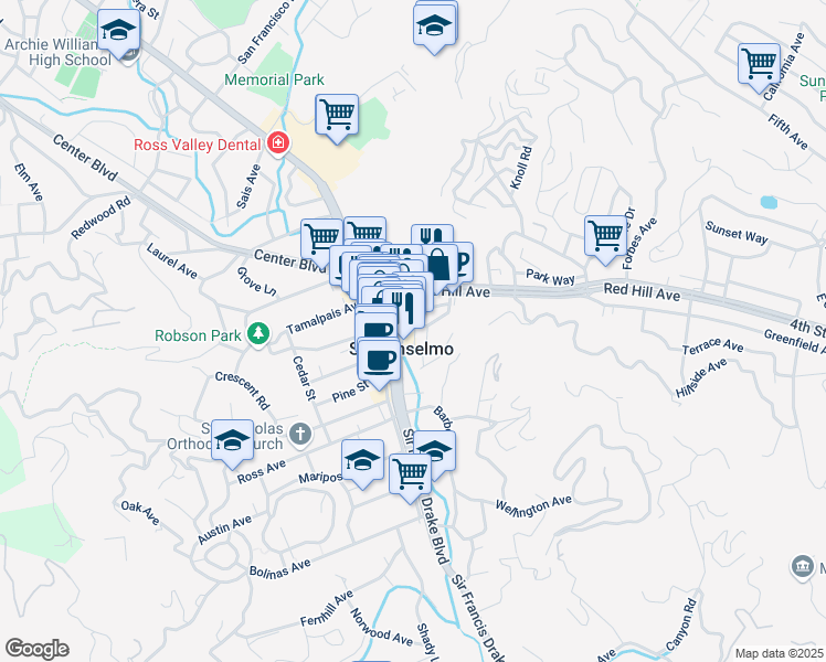 map of restaurants, bars, coffee shops, grocery stores, and more near 20 Lincoln Park in San Anselmo