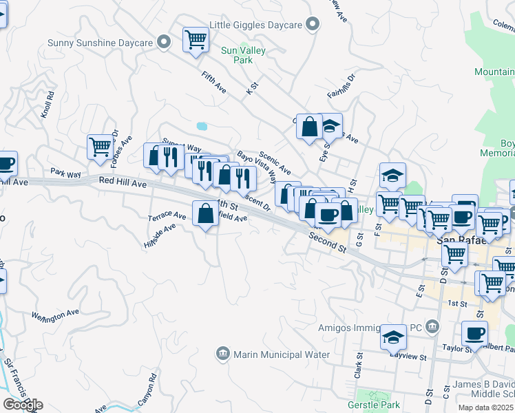 map of restaurants, bars, coffee shops, grocery stores, and more near 30 East Crescent Drive in San Rafael