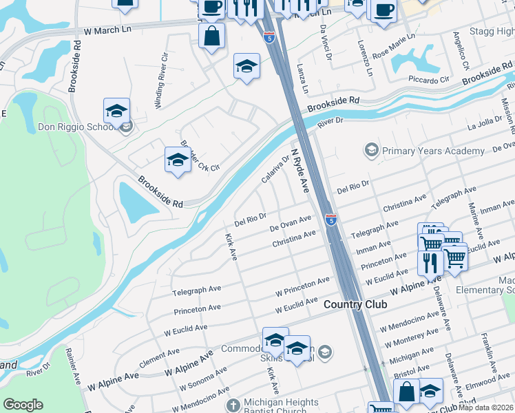 map of restaurants, bars, coffee shops, grocery stores, and more near 3847 Cal Rio Place in Stockton