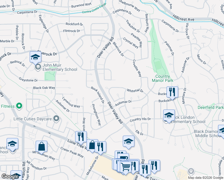 map of restaurants, bars, coffee shops, grocery stores, and more near 2379 Whitetail Drive in Antioch