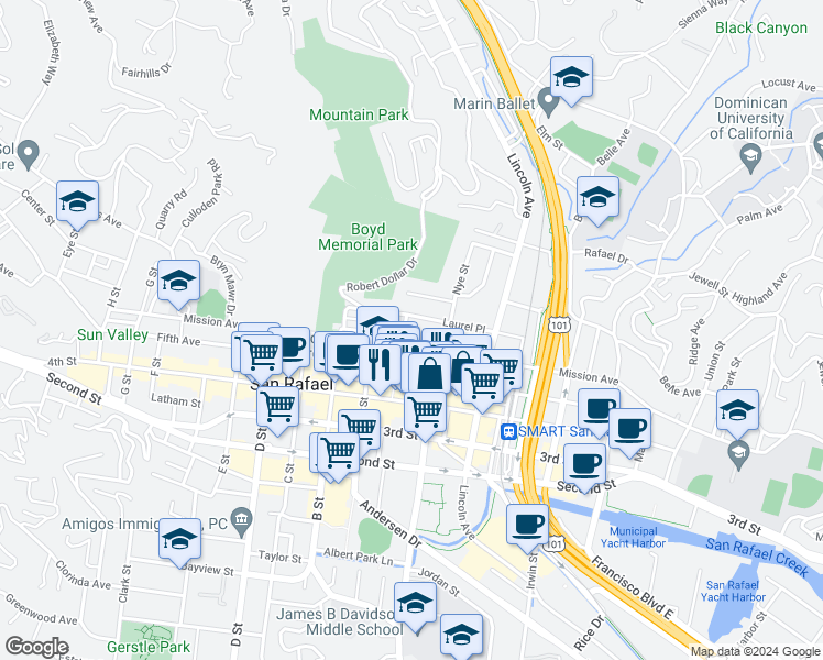 map of restaurants, bars, coffee shops, grocery stores, and more near 225 Laurel Place in San Rafael