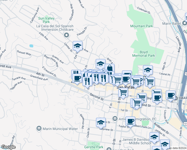 map of restaurants, bars, coffee shops, grocery stores, and more near 1625 Mission Avenue in San Rafael