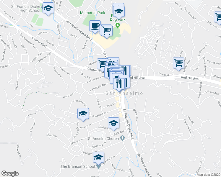 map of restaurants, bars, coffee shops, grocery stores, and more near in San Anselmo