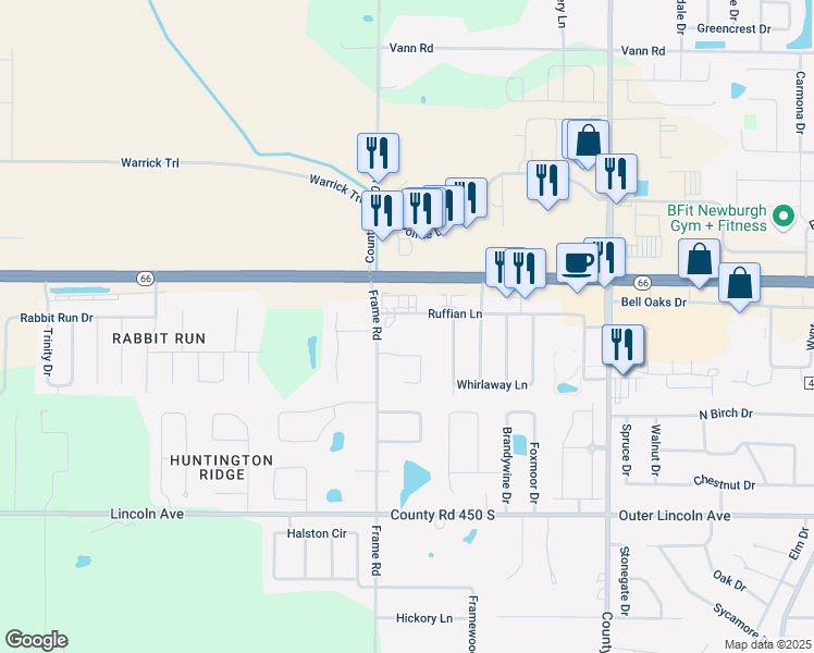 map of restaurants, bars, coffee shops, grocery stores, and more near 8912 County Road 406 South in Newburgh