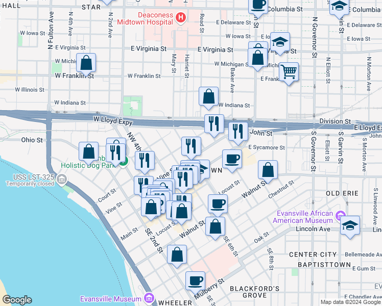 map of restaurants, bars, coffee shops, grocery stores, and more near 200 222 Northwest Martin Luther King Junior Boulevard in Evansville