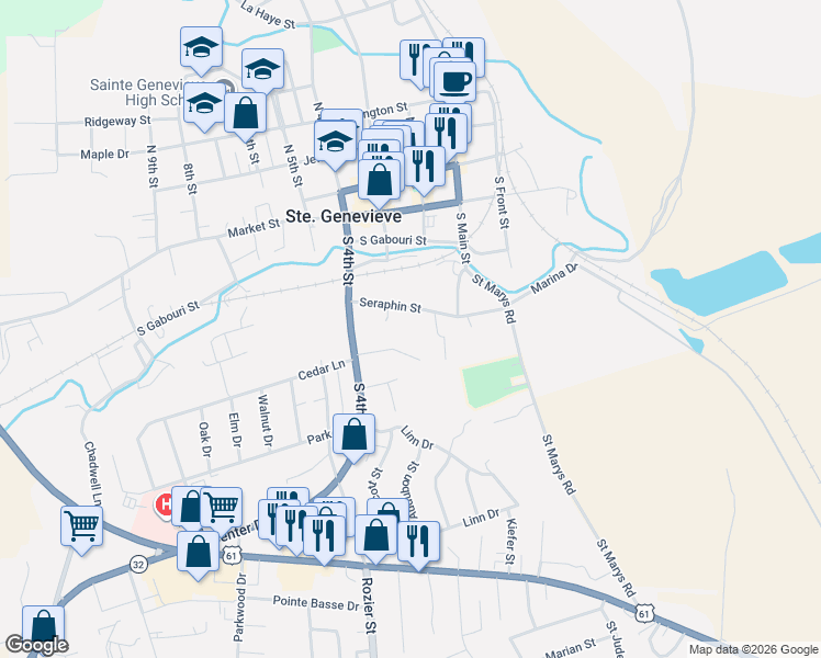map of restaurants, bars, coffee shops, grocery stores, and more near 250 Seraphin Street in Ste. Genevieve