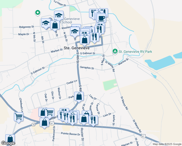 map of restaurants, bars, coffee shops, grocery stores, and more near 250 Seraphin Street in Ste. Genevieve