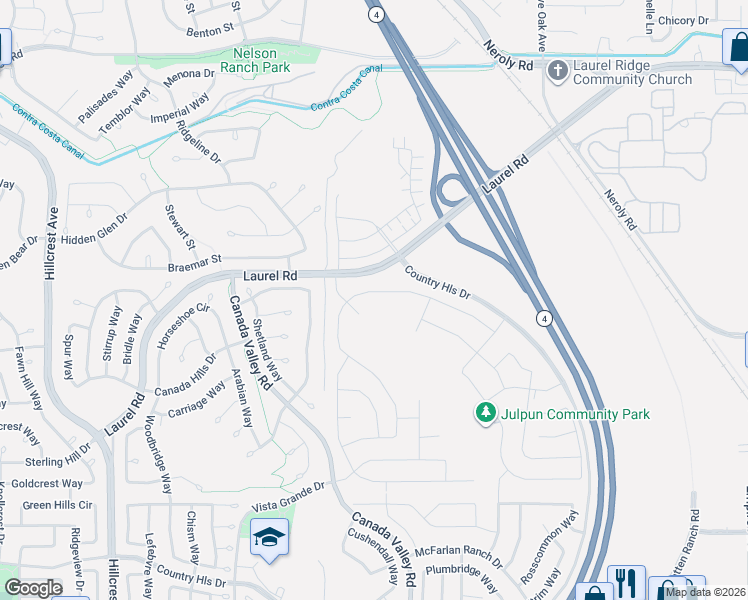 map of restaurants, bars, coffee shops, grocery stores, and more near Laurel Road in Antioch