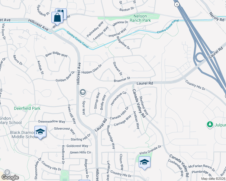 map of restaurants, bars, coffee shops, grocery stores, and more near 4820 Bridle Court in Antioch