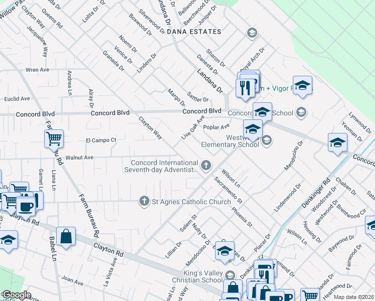 map of restaurants, bars, coffee shops, grocery stores, and more near 4025 Susanwood Drive in Concord