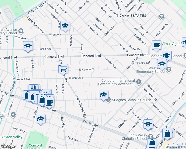 map of restaurants, bars, coffee shops, grocery stores, and more near 1712 Vernier Drive in Concord