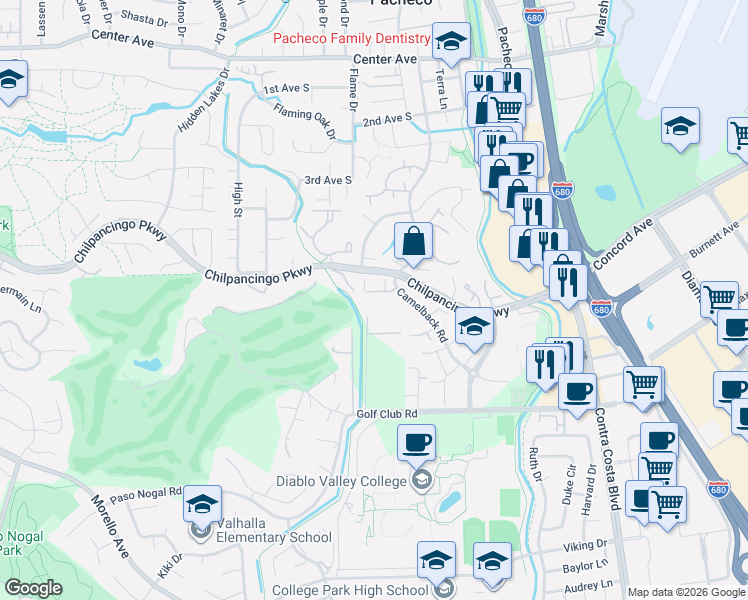 map of restaurants, bars, coffee shops, grocery stores, and more near 12 Camelback Court in Pleasant Hill