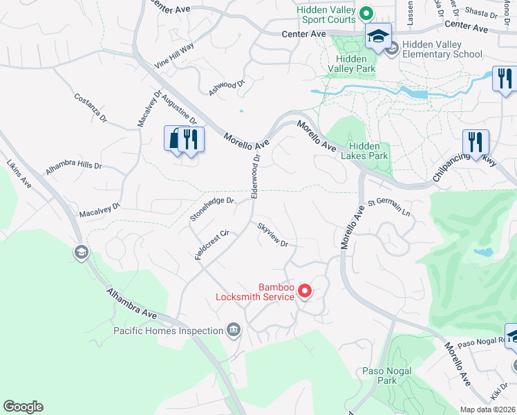 map of restaurants, bars, coffee shops, grocery stores, and more near 211 Elderwood Drive in Pleasant Hill