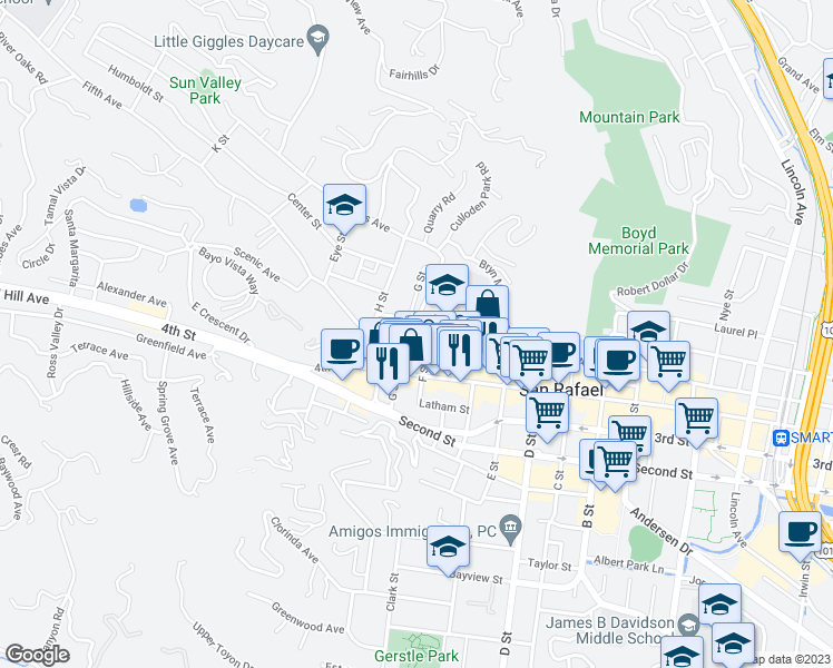 map of restaurants, bars, coffee shops, grocery stores, and more near 1625 Mission Avenue in San Rafael