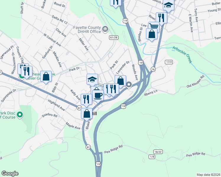 map of restaurants, bars, coffee shops, grocery stores, and more near 104 Summerlee Ave in Oak Hill
