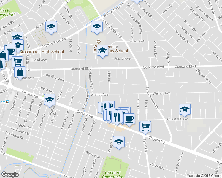 map of restaurants, bars, coffee shops, grocery stores, and more near 1718 Elm Road in Concord