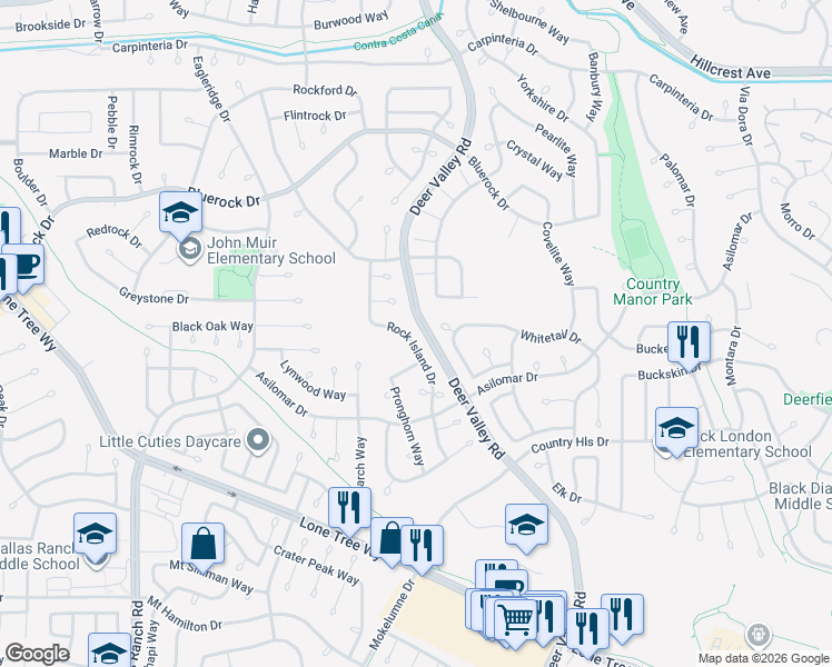 map of restaurants, bars, coffee shops, grocery stores, and more near 4429 Rock Island Drive in Antioch