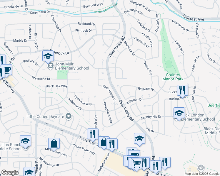 map of restaurants, bars, coffee shops, grocery stores, and more near 4429 Rock Island Drive in Antioch