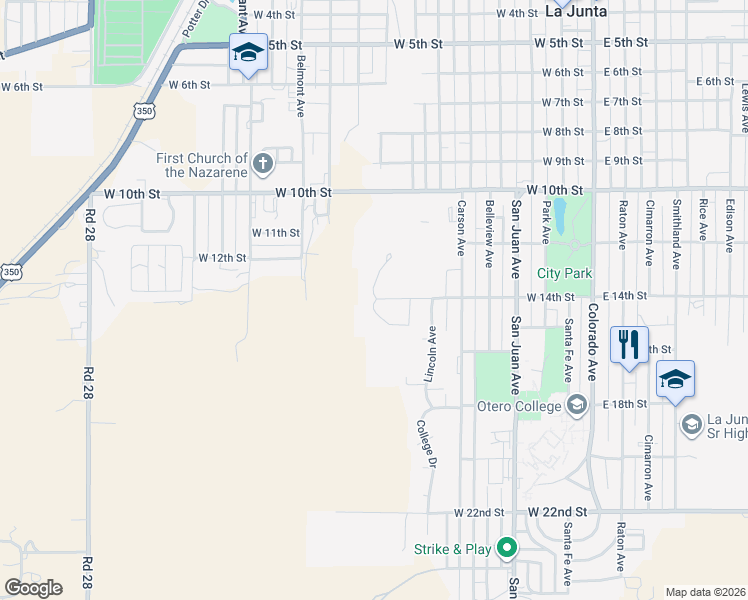 map of restaurants, bars, coffee shops, grocery stores, and more near 1-21 Cactus Drive in La Junta