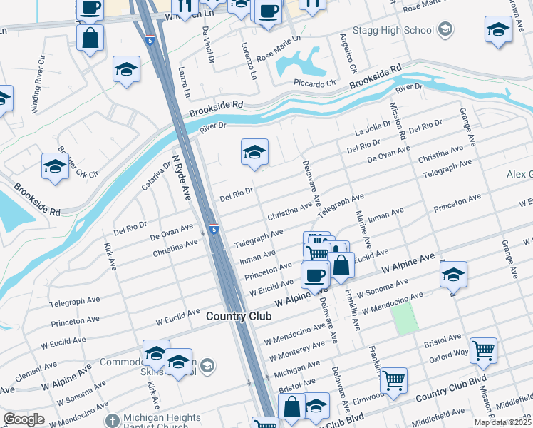 map of restaurants, bars, coffee shops, grocery stores, and more near 3717 North Webster Avenue in Stockton
