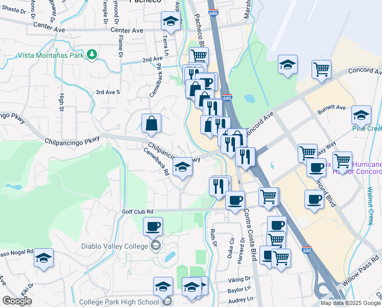 map of restaurants, bars, coffee shops, grocery stores, and more near 100 Chilpancingo Parkway in Pleasant Hill
