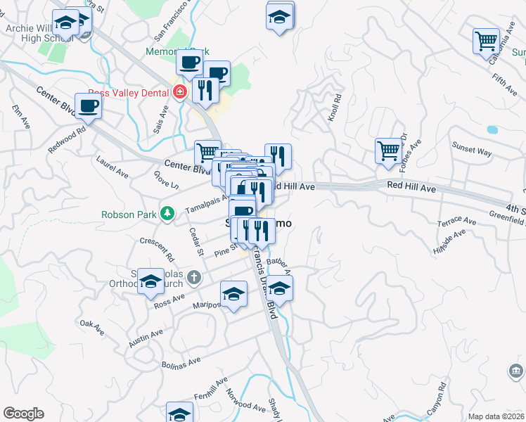map of restaurants, bars, coffee shops, grocery stores, and more near 251 Sir Francis Drake Boulevard in San Anselmo