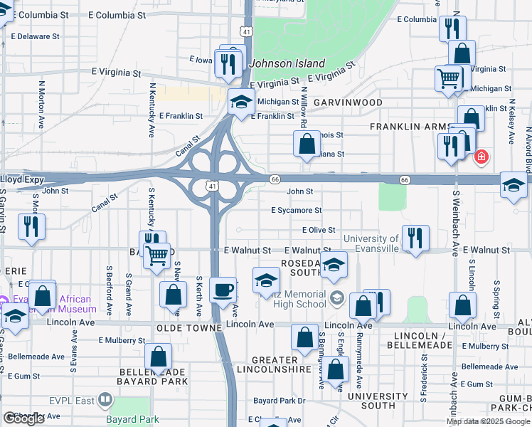 map of restaurants, bars, coffee shops, grocery stores, and more near 1307 East Sycamore Street in Evansville