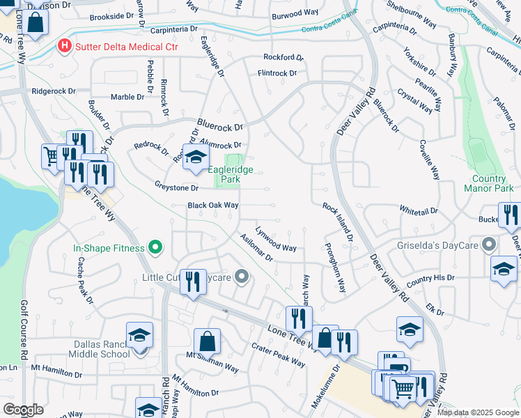 map of restaurants, bars, coffee shops, grocery stores, and more near 920 Glade Court in Antioch