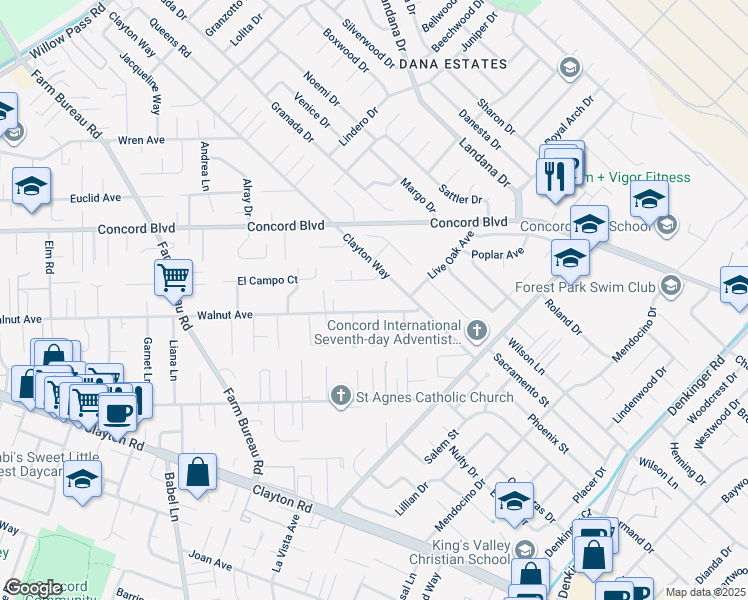 map of restaurants, bars, coffee shops, grocery stores, and more near 3875 Walnut Avenue in Concord