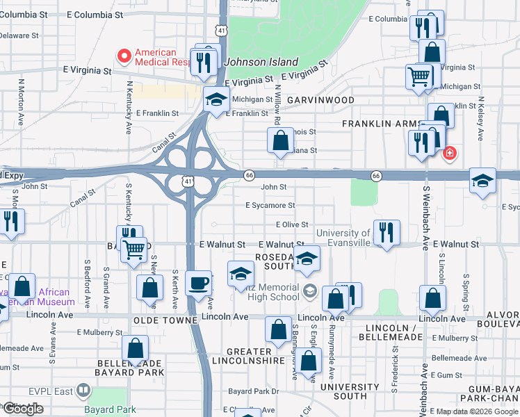 map of restaurants, bars, coffee shops, grocery stores, and more near 1324 East Sycamore Street in Evansville