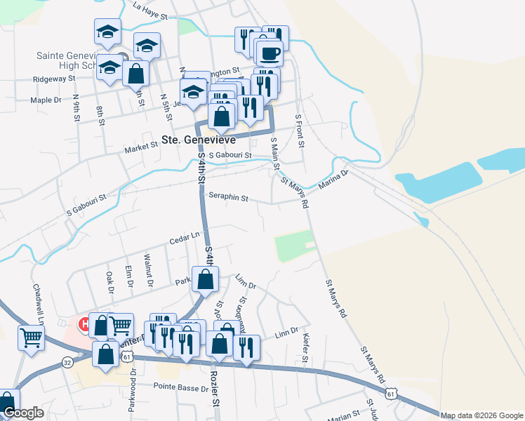 map of restaurants, bars, coffee shops, grocery stores, and more near 300 Hillcrest Drive in Ste. Genevieve