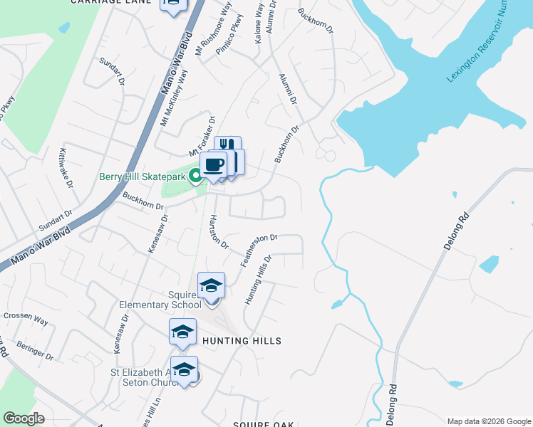 map of restaurants, bars, coffee shops, grocery stores, and more near 3320 Fox Trace Road in Lexington