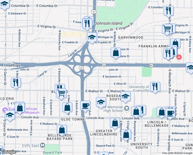 map of restaurants, bars, coffee shops, grocery stores, and more near 1245 East Sycamore Street in Evansville