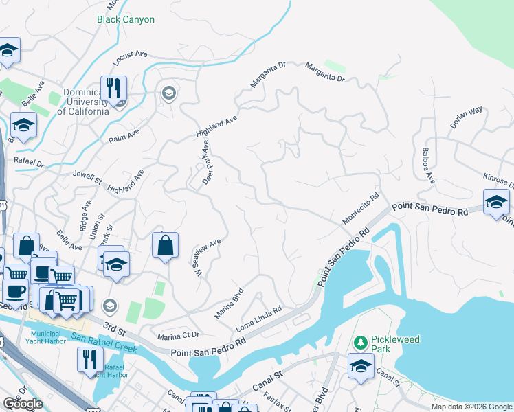 map of restaurants, bars, coffee shops, grocery stores, and more near 307 Summit Avenue in San Rafael