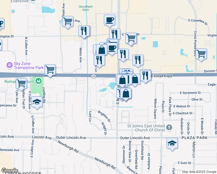 map of restaurants, bars, coffee shops, grocery stores, and more near 102 Williamsburg Drive in Evansville