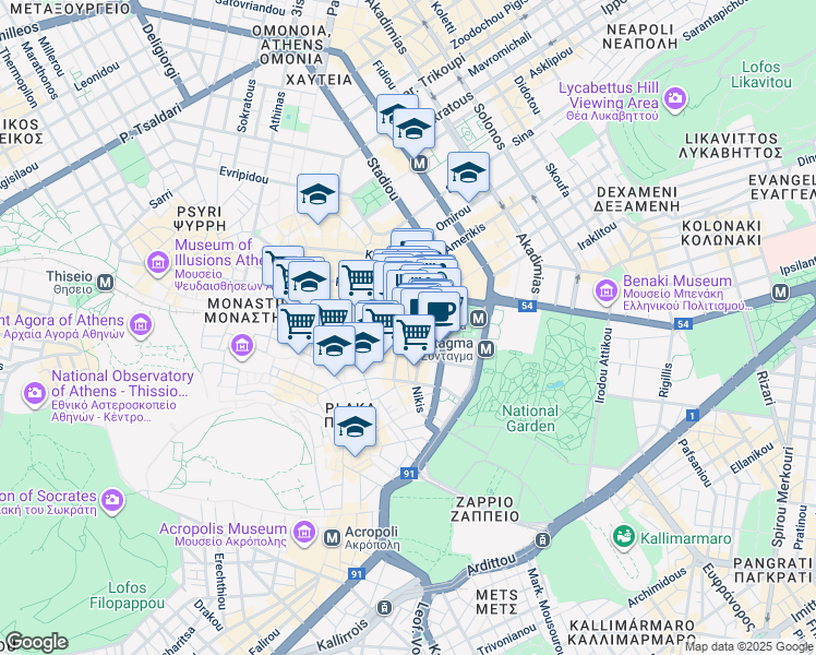 map of restaurants, bars, coffee shops, grocery stores, and more near in Athina