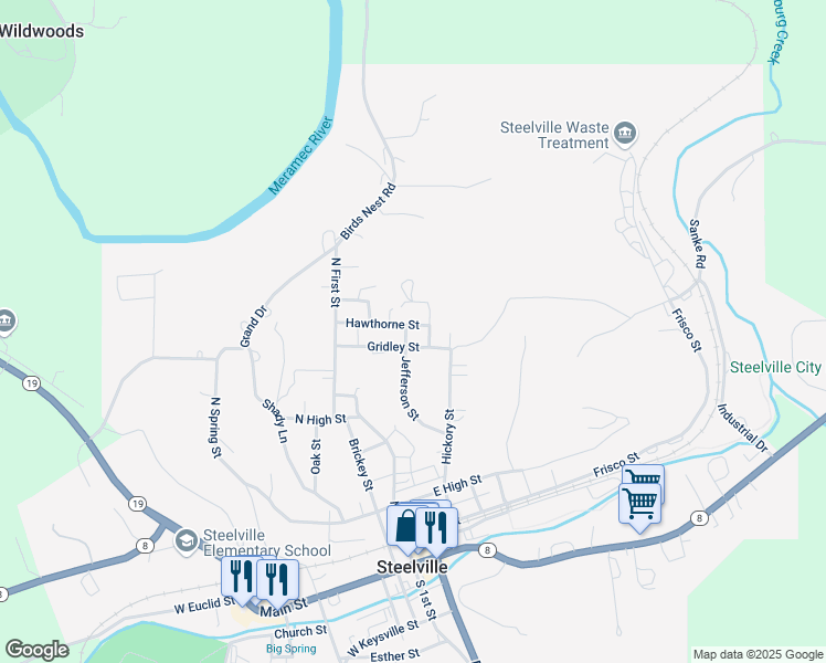 map of restaurants, bars, coffee shops, grocery stores, and more near 305 Hawthorne Street in Steelville