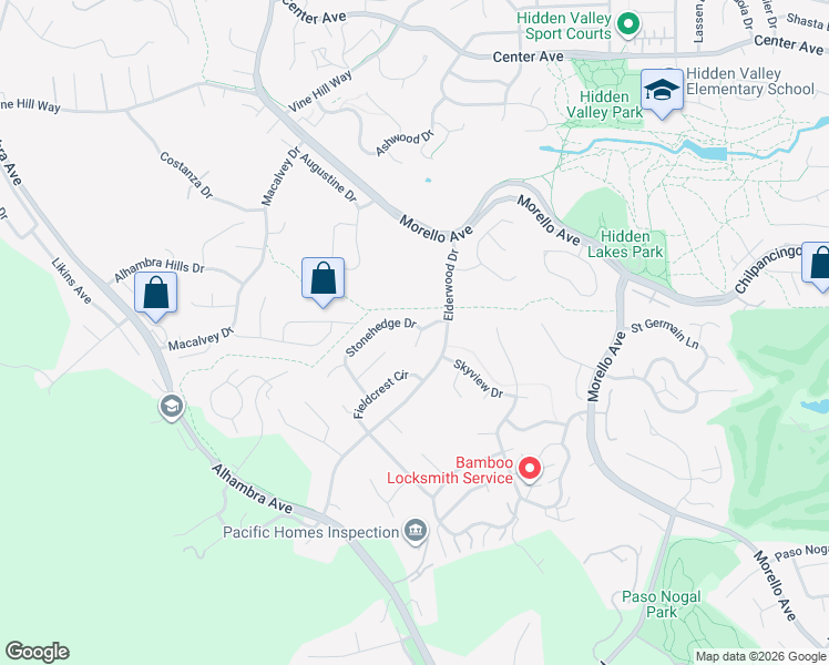 map of restaurants, bars, coffee shops, grocery stores, and more near 107 Bramblewood Lane in Pleasant Hill